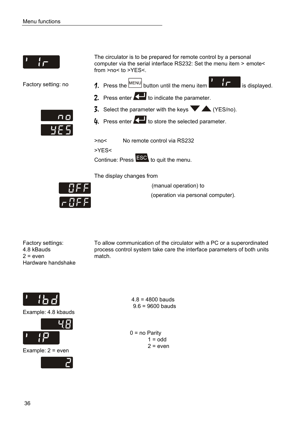 Remote control: activate – deactivate, Interface - baud rate, handshake, Parity | JULABO SC 10000w Eco-Series Recirculating Coolers User Manual | Page 36 / 48