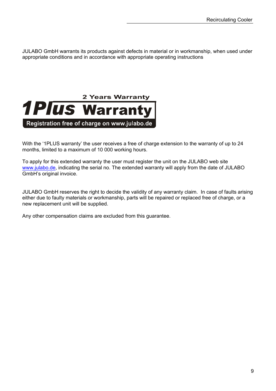 Warranty conditions | JULABO SC 10000w Eco-Series Recirculating Coolers User Manual | Page 9 / 48