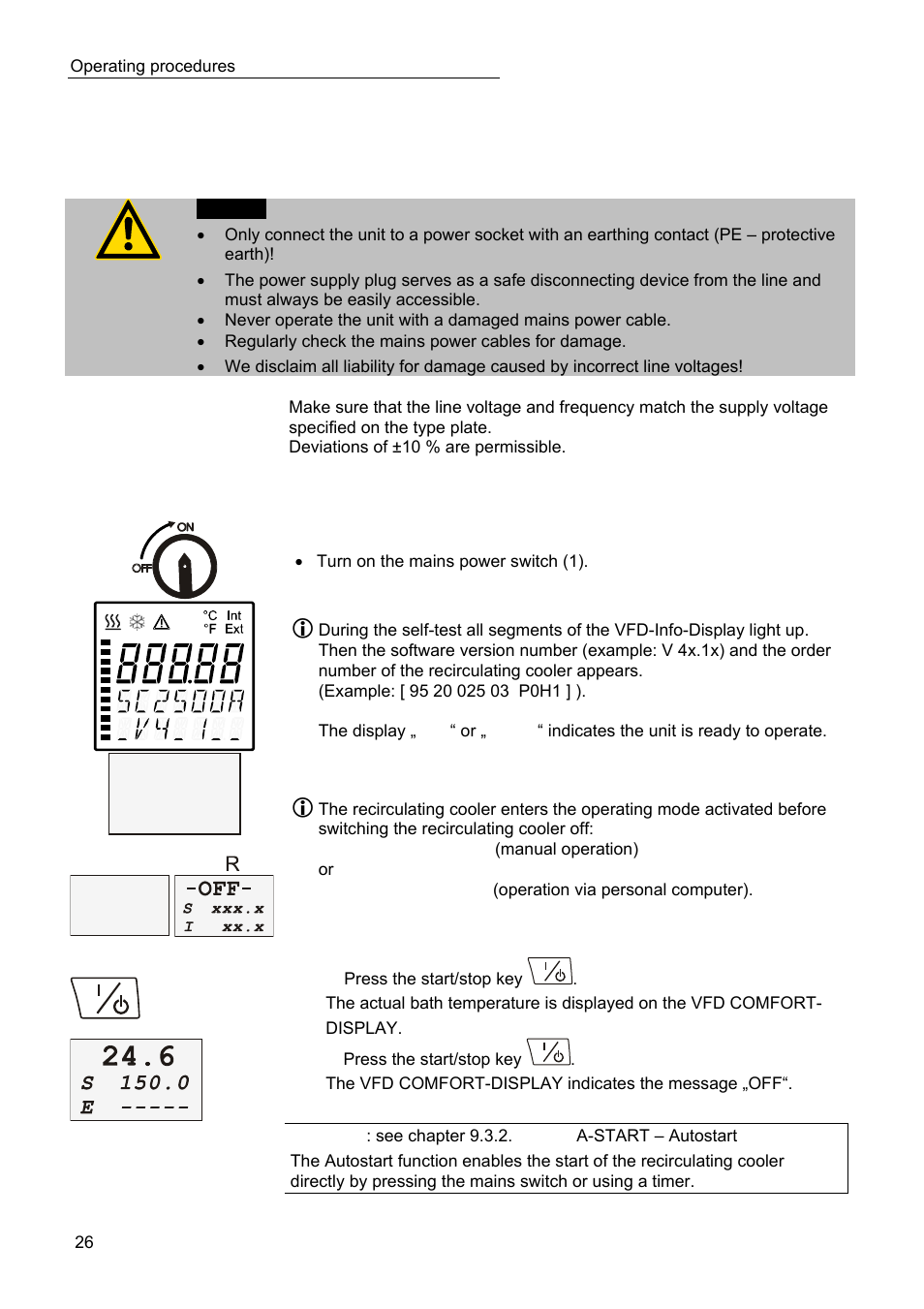 Operating procedures, Power connection, Switching on / start - stop | JULABO SC 10000w Professional Series Recirculating Coolers User Manual | Page 26 / 77