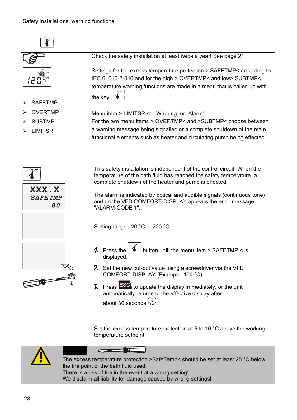 Xxx.x, Safety installations, warning functions, Excess temperature protection | Safetmp 100, Alarm code 1 | JULABO SC 10000w Professional Series Recirculating Coolers User Manual | Page 28 / 77