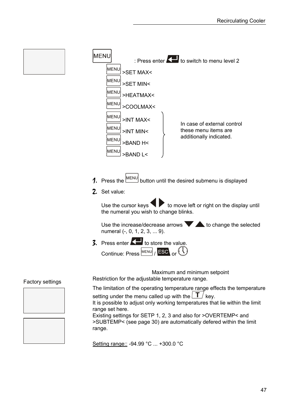 Menu limits, Set min -94.99 | JULABO SC 10000w Professional Series Recirculating Coolers User Manual | Page 47 / 77