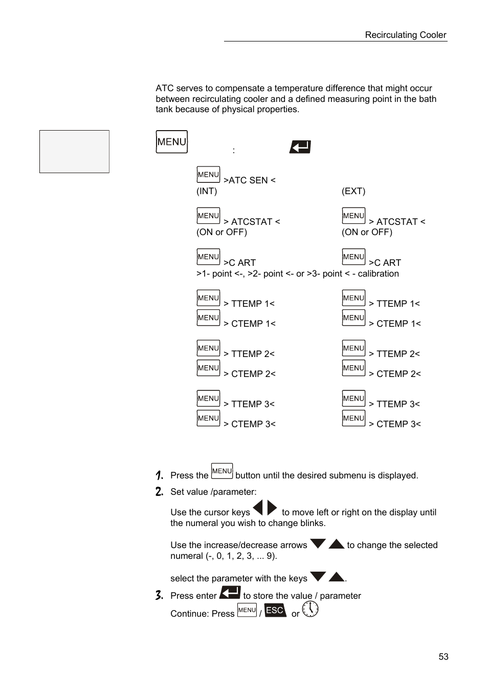Menu adjust – atc absolute temperature calibration, Menu adjust | JULABO SC 10000w Professional Series Recirculating Coolers User Manual | Page 53 / 77