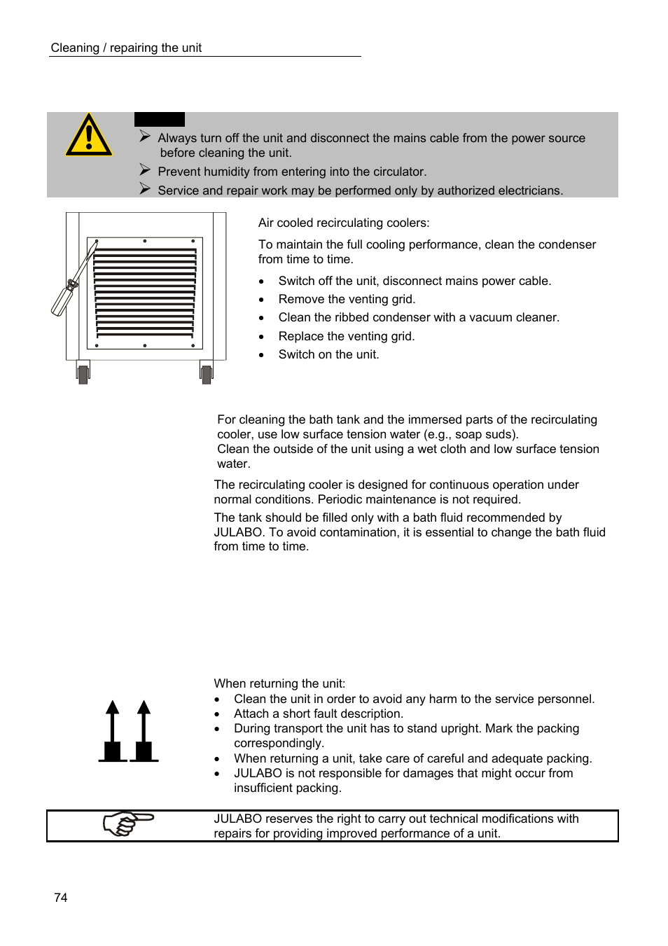 Cleaning / repairing the unit | JULABO SC 10000w Professional Series Recirculating Coolers User Manual | Page 74 / 77