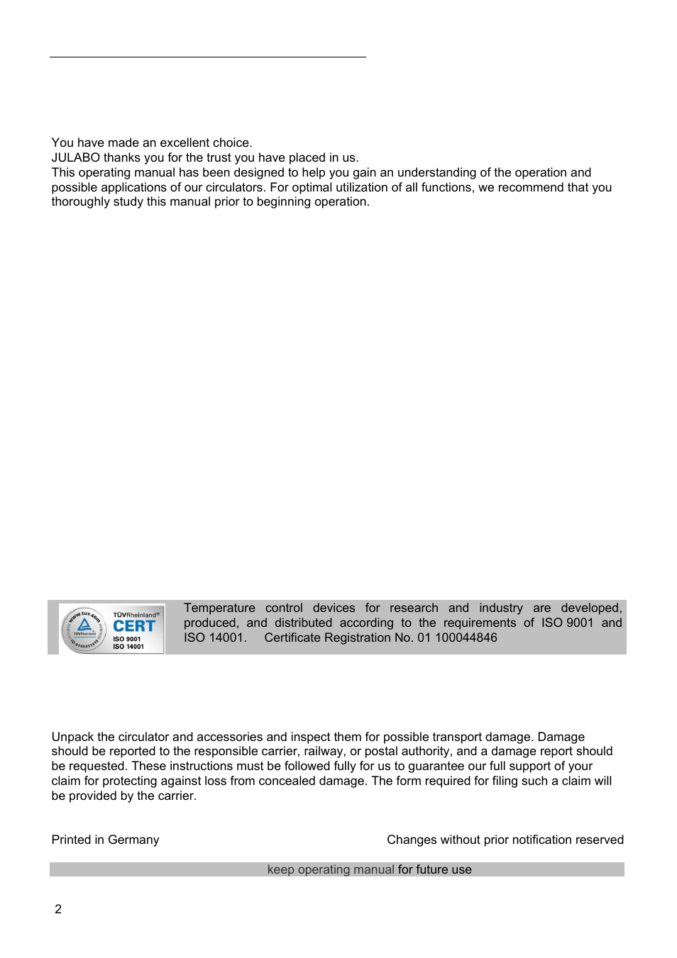 JULABO SC 2500w Eco-Series Recirculating Coolers User Manual | Page 2 / 48