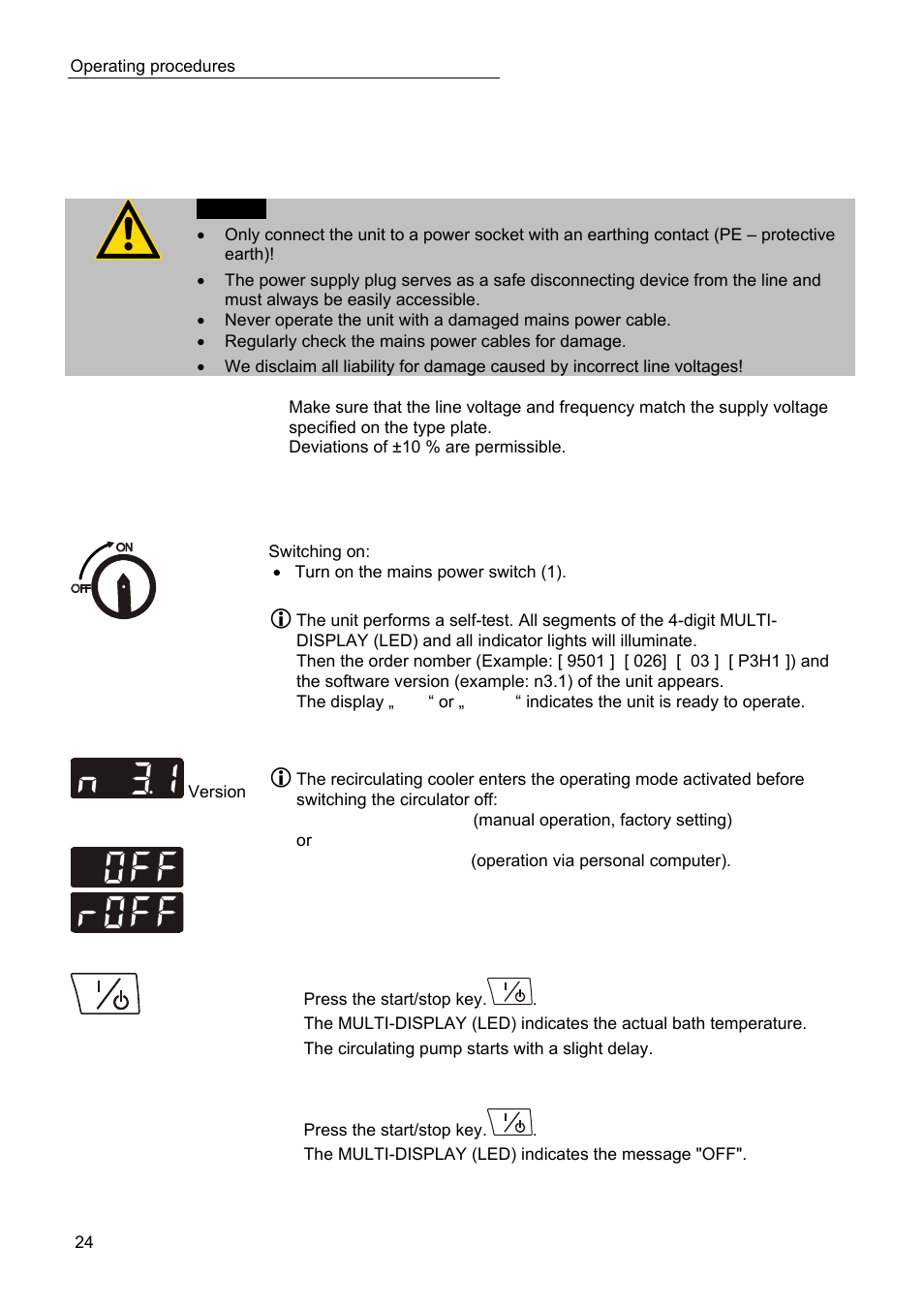 Operating procedures, Power connection, Switching on / start - stop | JULABO SC 2500w Eco-Series Recirculating Coolers User Manual | Page 24 / 48