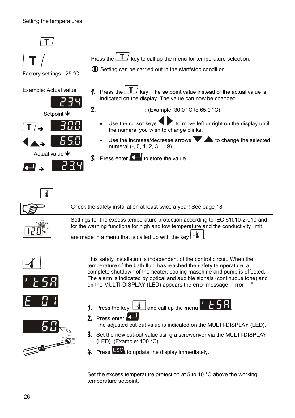 Setting the temperatures, Safety installations, warning functions, Excess temperature protection | JULABO SC 2500w Eco-Series Recirculating Coolers User Manual | Page 26 / 48