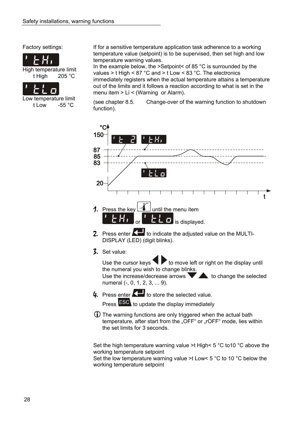 High and low temperature warning functions | JULABO SC 2500w Eco-Series Recirculating Coolers User Manual | Page 28 / 48