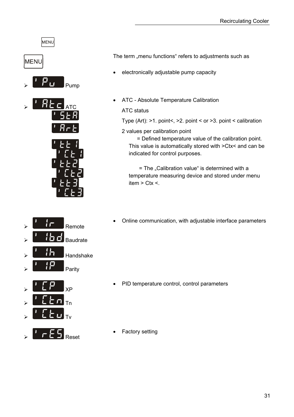 Menu functions | JULABO SC 2500w Eco-Series Recirculating Coolers User Manual | Page 31 / 48