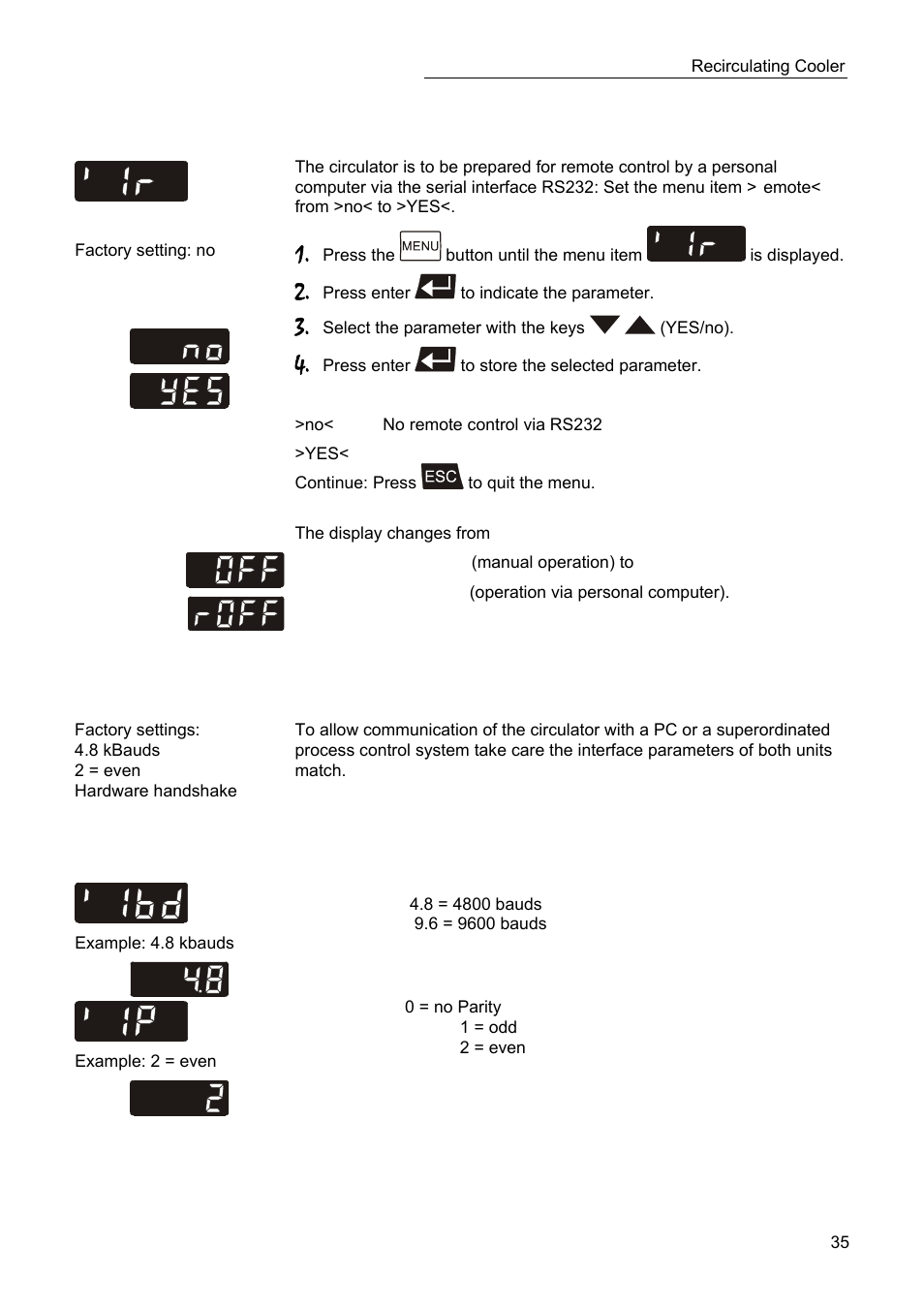 Remote control: activate – deactivate, Interface - baud rate, handshake, Parity | JULABO SC 2500w Eco-Series Recirculating Coolers User Manual | Page 35 / 48
