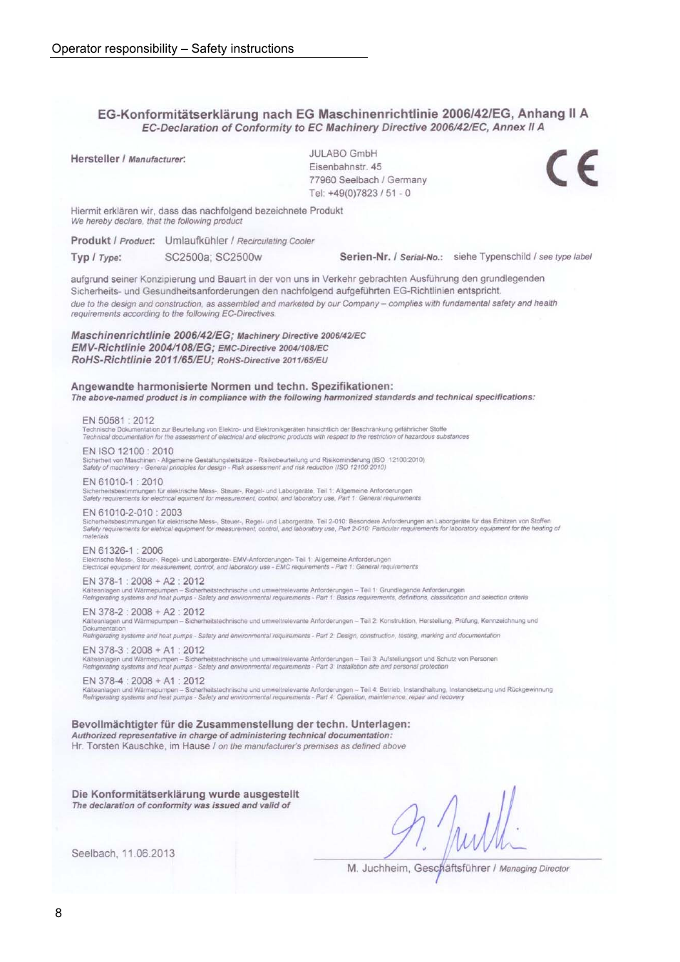 Ec declaration of conformity | JULABO SC 2500w Eco-Series Recirculating Coolers User Manual | Page 8 / 48