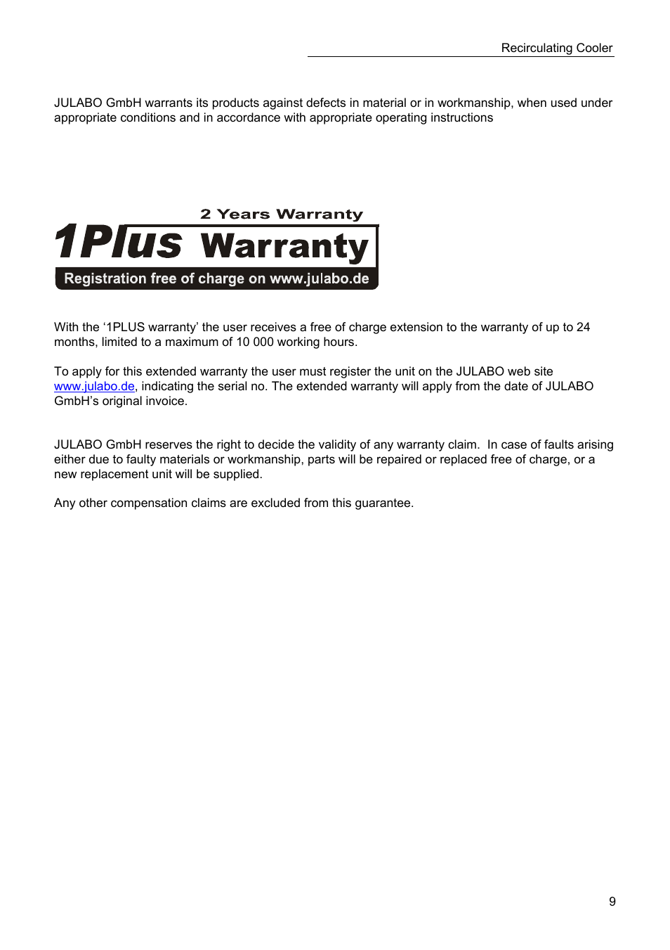 Warranty conditions | JULABO SC 2500w Eco-Series Recirculating Coolers User Manual | Page 9 / 48
