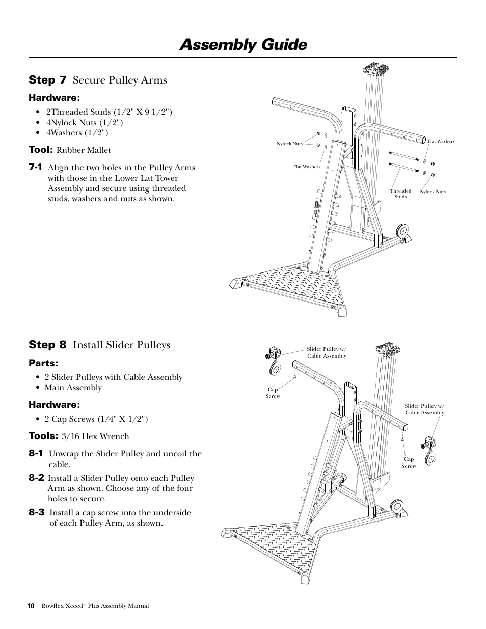 Assembly guide, Step 8 ...install.slider.pulleys, Step 7 ...secure.pulley.arms | Bowflex Xceed Plus User Manual | Page 12 / 20