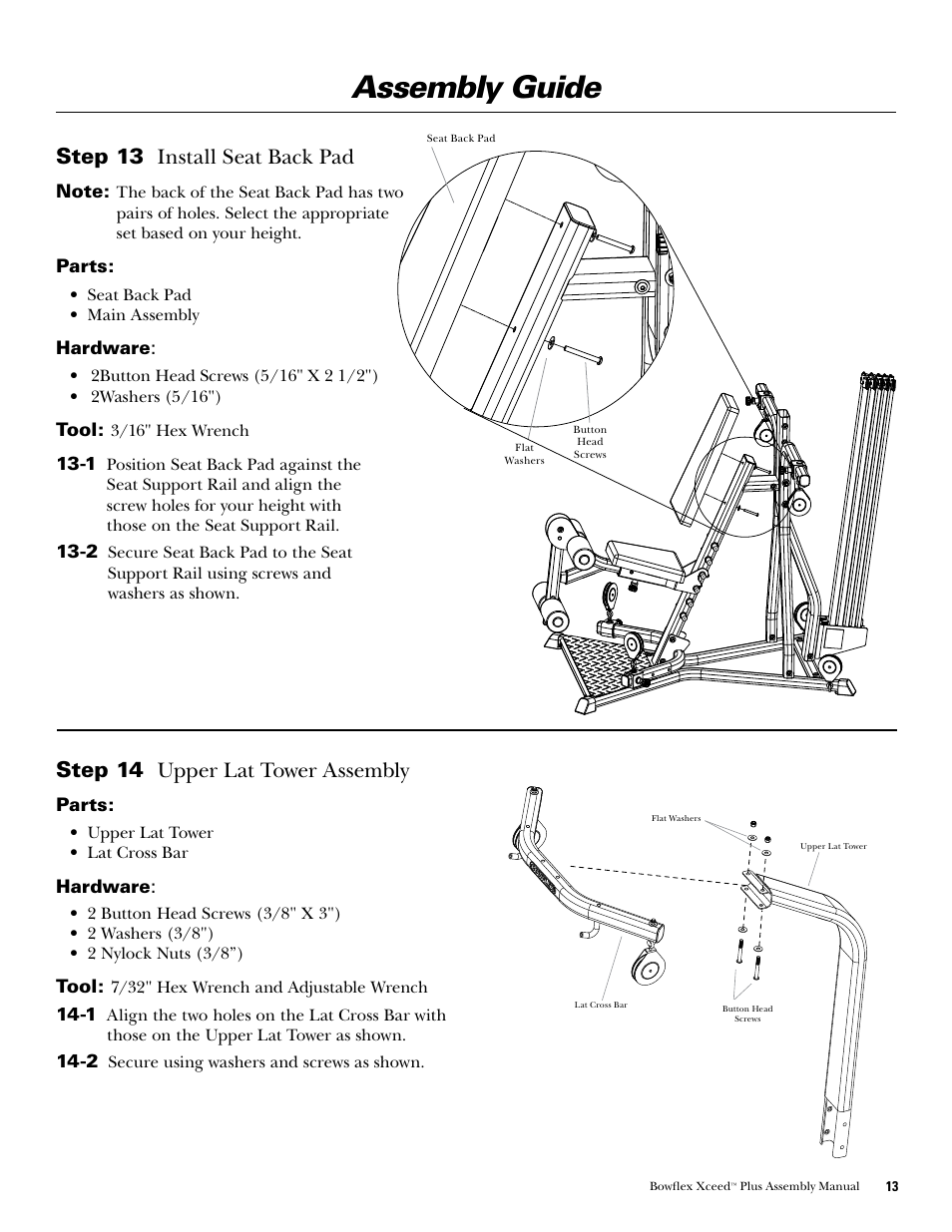 Assembly guide, Step 14 ..upper.lat.tower.assembly, Step 13 ..install.seat.back.pad | Bowflex Xceed Plus User Manual | Page 15 / 20