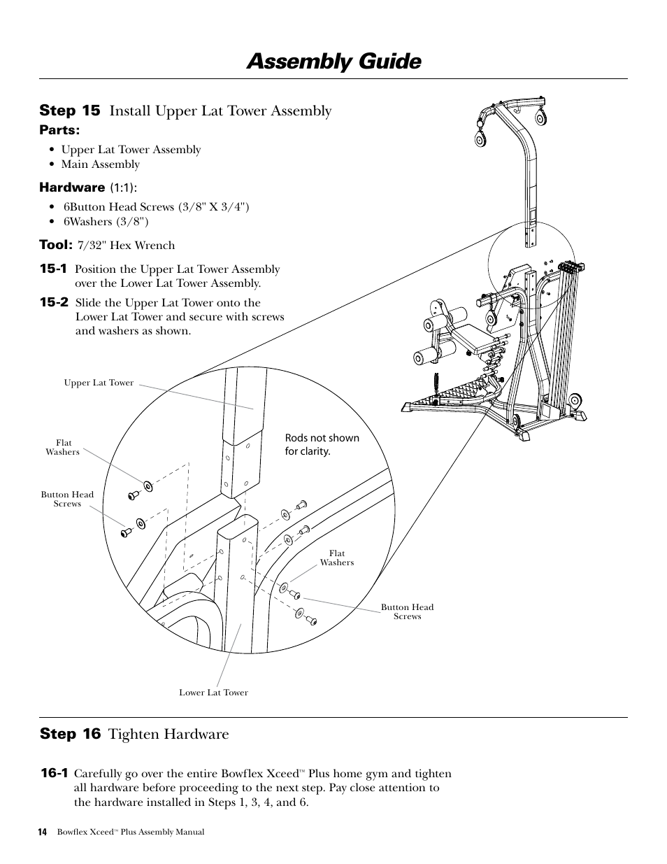 Assembly guide, Step 15 ...install.upper.lat.tower.assembly, Step 16 | Tighten.hardware | Bowflex Xceed Plus User Manual | Page 16 / 20