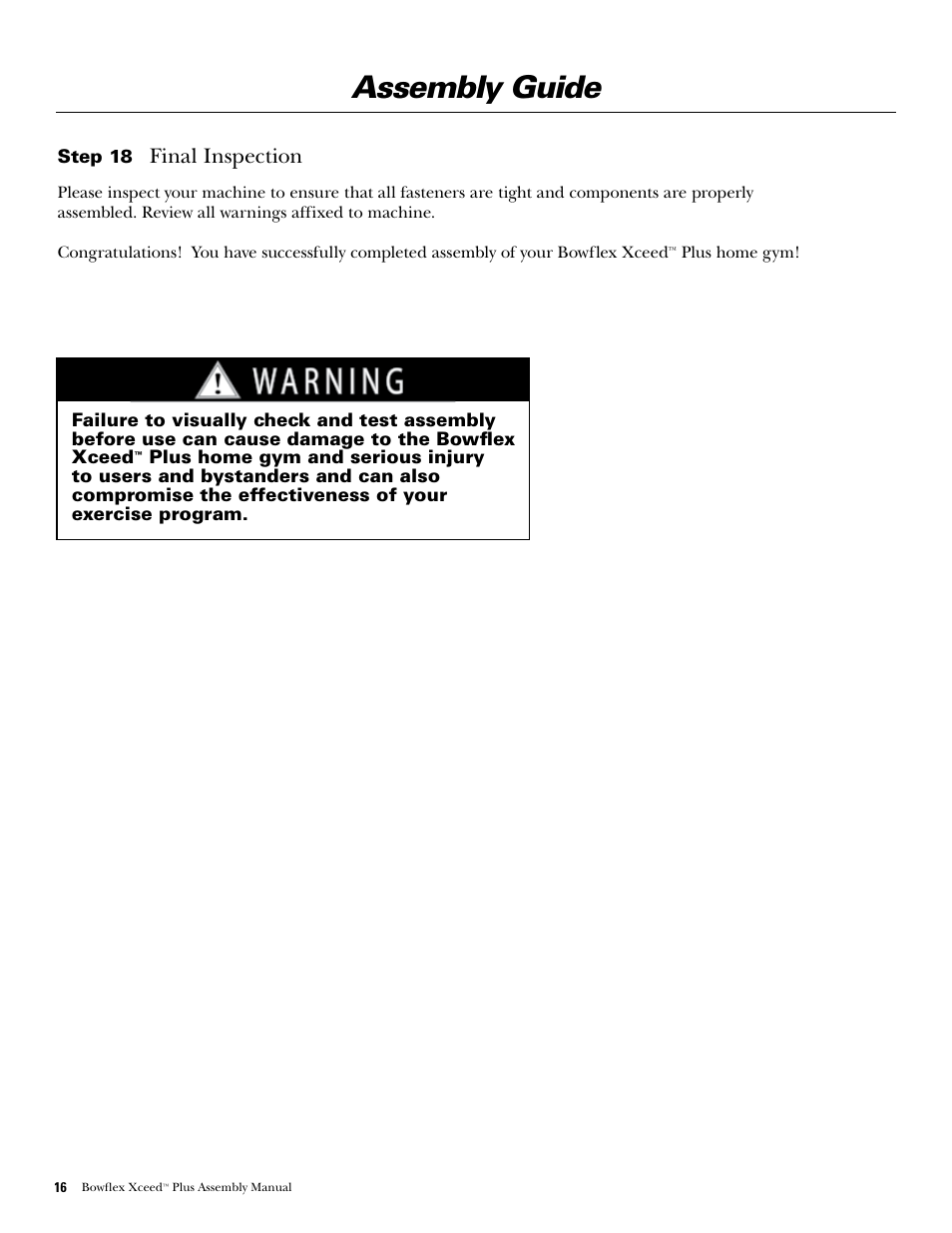 Assembly guide, Final..inspection | Bowflex Xceed Plus User Manual | Page 18 / 20