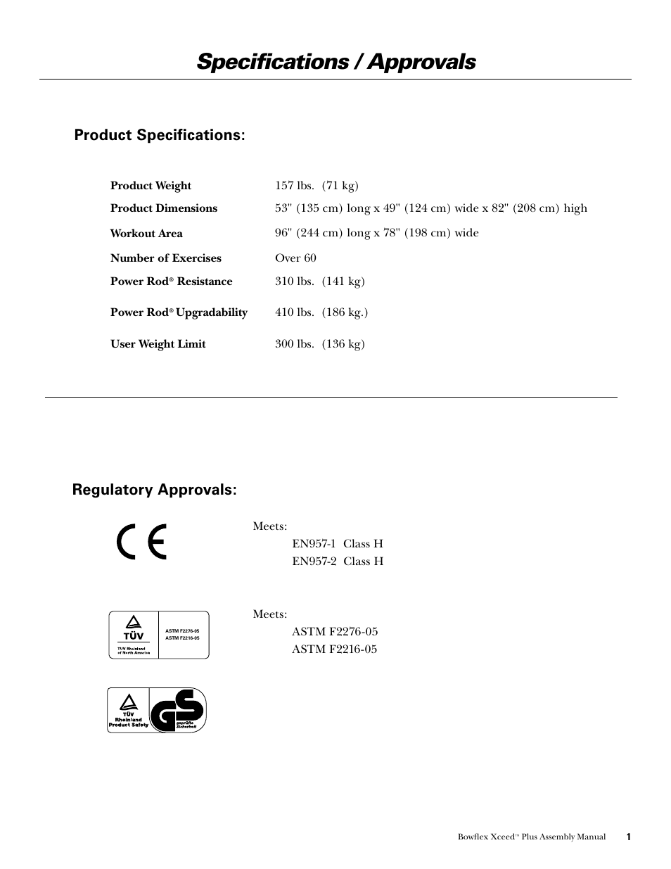 Specifications / approvals, Regulatory approvals, Product specifications | Bowflex Xceed Plus User Manual | Page 3 / 20