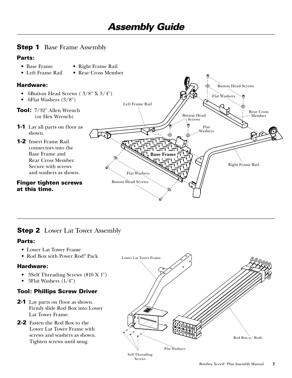 Assembly guide, Step 1 base.frame.assembly, Step 2 ..lower.lat.tower.assembly | Bowflex Xceed Plus User Manual | Page 9 / 20