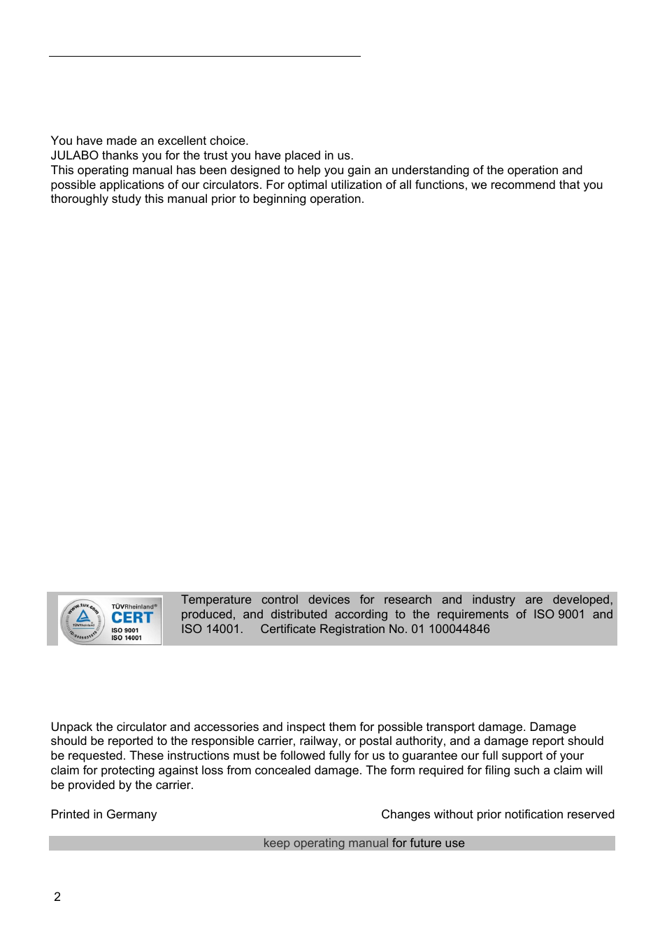 JULABO SC 2500w Professional Series Recirculating Coolers User Manual | Page 2 / 73
