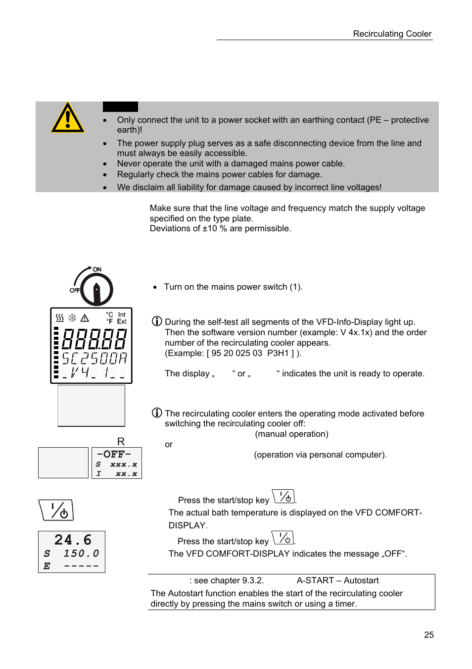 Operating procedures, Power connection, Switching on / start - stop | JULABO SC 2500w Professional Series Recirculating Coolers User Manual | Page 25 / 73