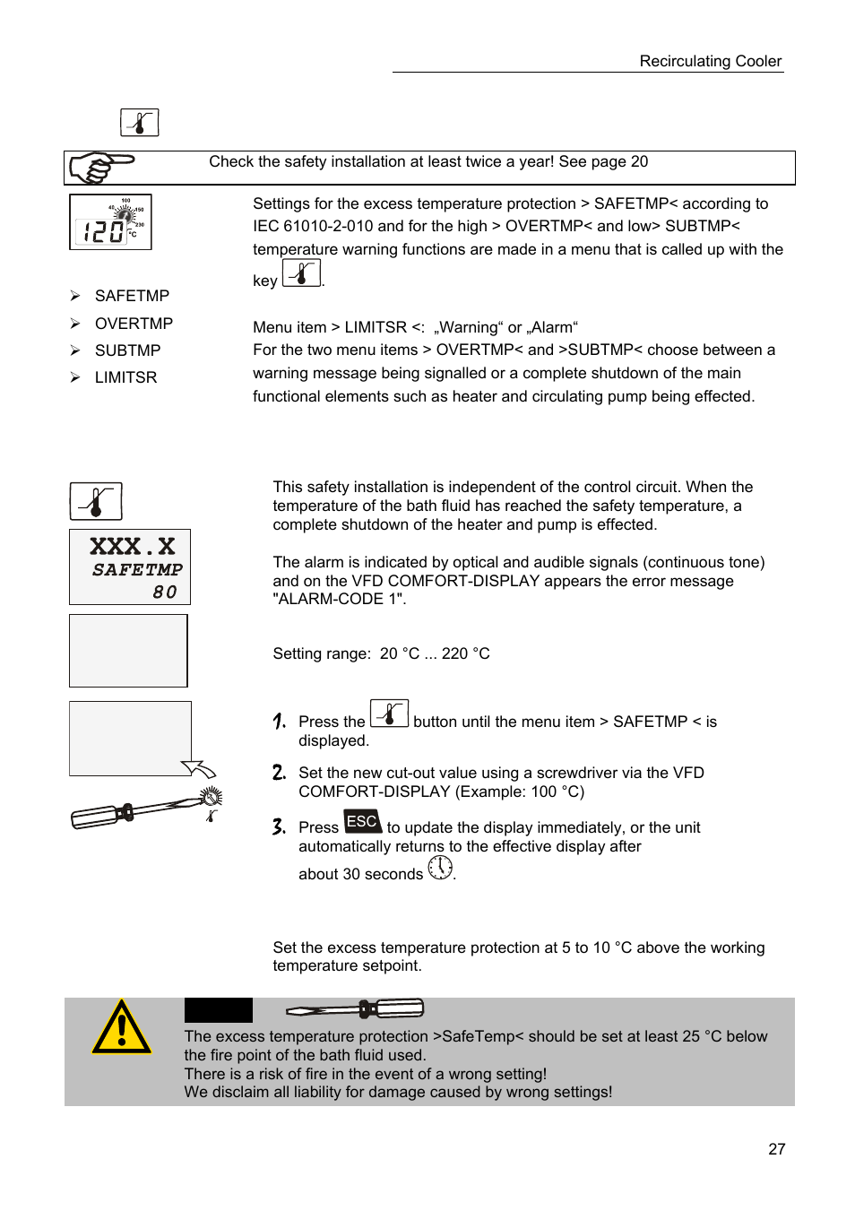 Xxx.x, Safety installations, warning functions, Excess temperature protection | Safetmp 100, Alarm code 1 | JULABO SC 2500w Professional Series Recirculating Coolers User Manual | Page 27 / 73