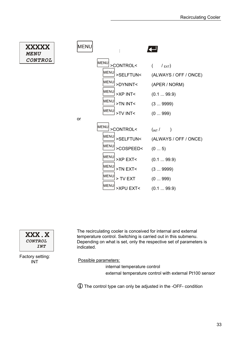 Menu control – control parameters | JULABO SC 2500w Professional Series Recirculating Coolers User Manual | Page 33 / 73
