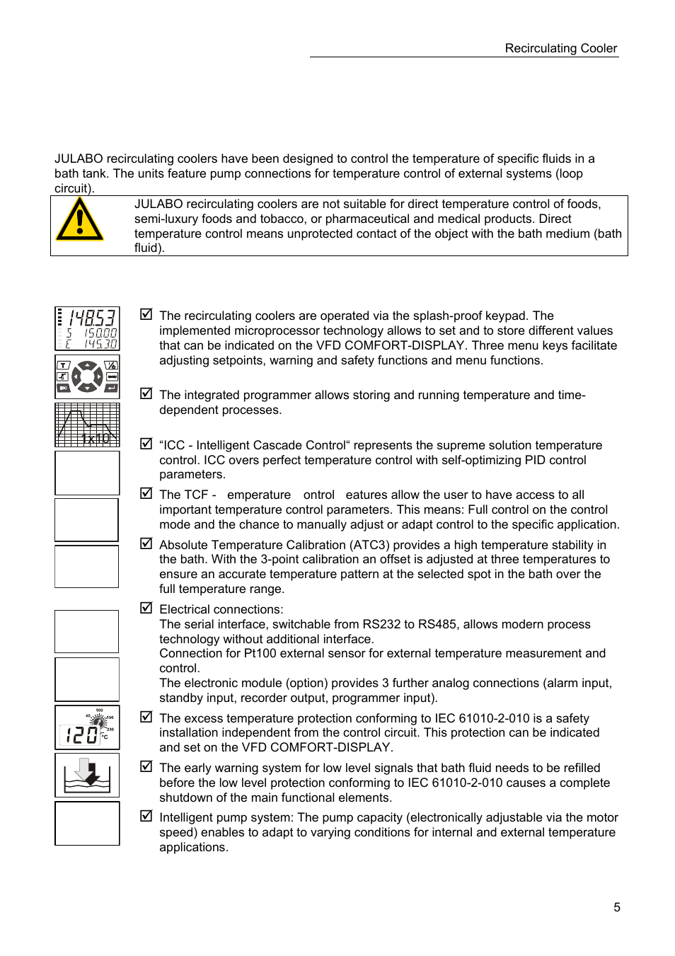 Pt100, Pump, Operating manual 1. intended use | Rs232 | JULABO SC 2500w Professional Series Recirculating Coolers User Manual | Page 5 / 73