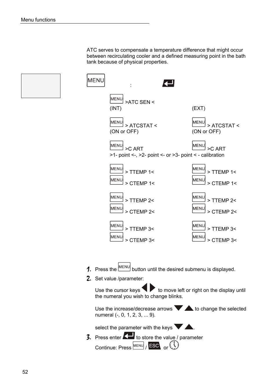 Menu adjust – atc absolute temperature calibration, Menu adjust | JULABO SC 2500w Professional Series Recirculating Coolers User Manual | Page 52 / 73