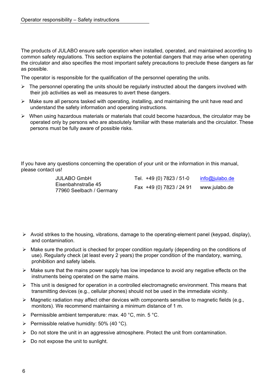 Operator responsibility – safety instructions | JULABO SC 2500w Professional Series Recirculating Coolers User Manual | Page 6 / 73