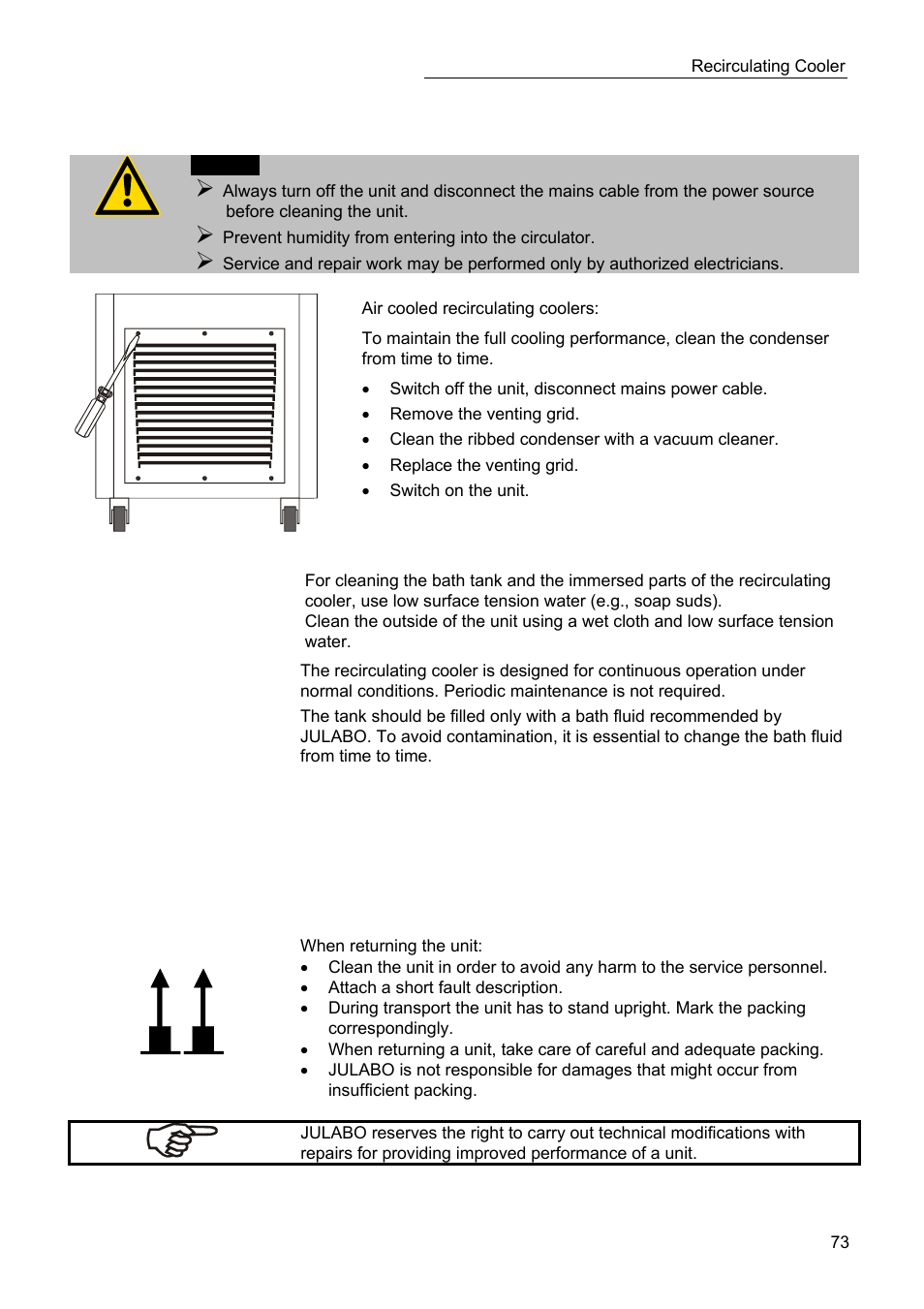 Cleaning / repairing the unit | JULABO SC 2500w Professional Series Recirculating Coolers User Manual | Page 73 / 73