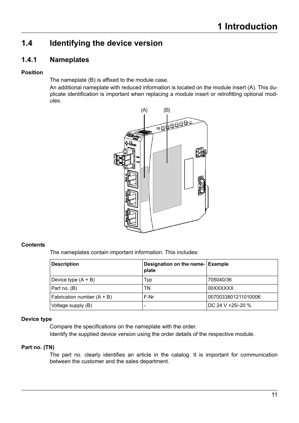 4 identifying the device version, 1 nameplates, Identifying the device version | 1 introduction | JUMO 705040 mTRON T - Router Module Installation Instructions User Manual | Page 11 / 34