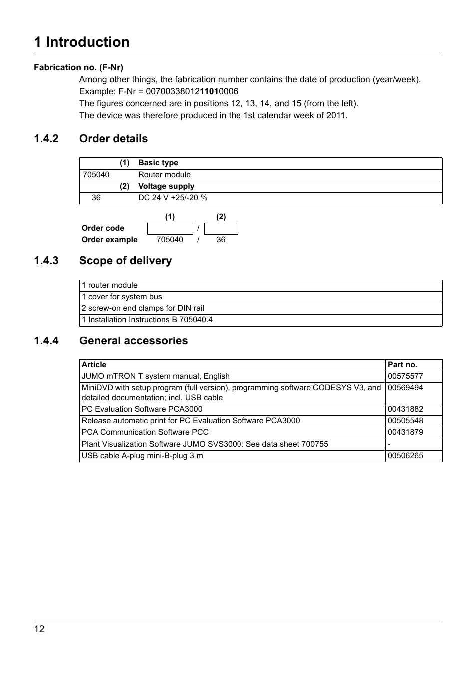 2 order details, 3 scope of delivery, 4 general accessories | 1 introduction | JUMO 705040 mTRON T - Router Module Installation Instructions User Manual | Page 12 / 34