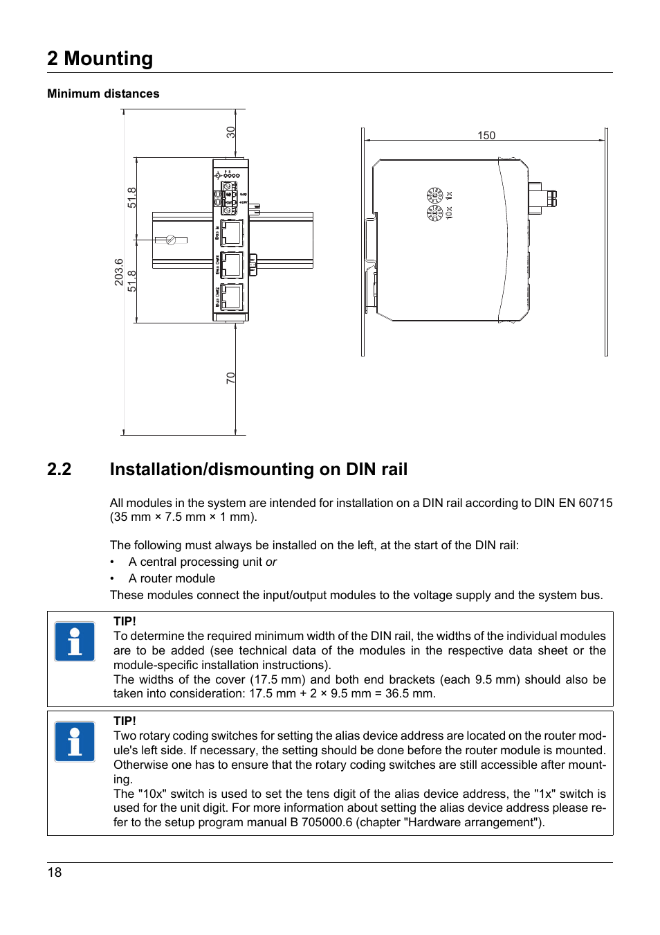 2 installation/dismounting on din rail, Installation/dismounting on din rail, 2 mounting | JUMO 705040 mTRON T - Router Module Installation Instructions User Manual | Page 18 / 34