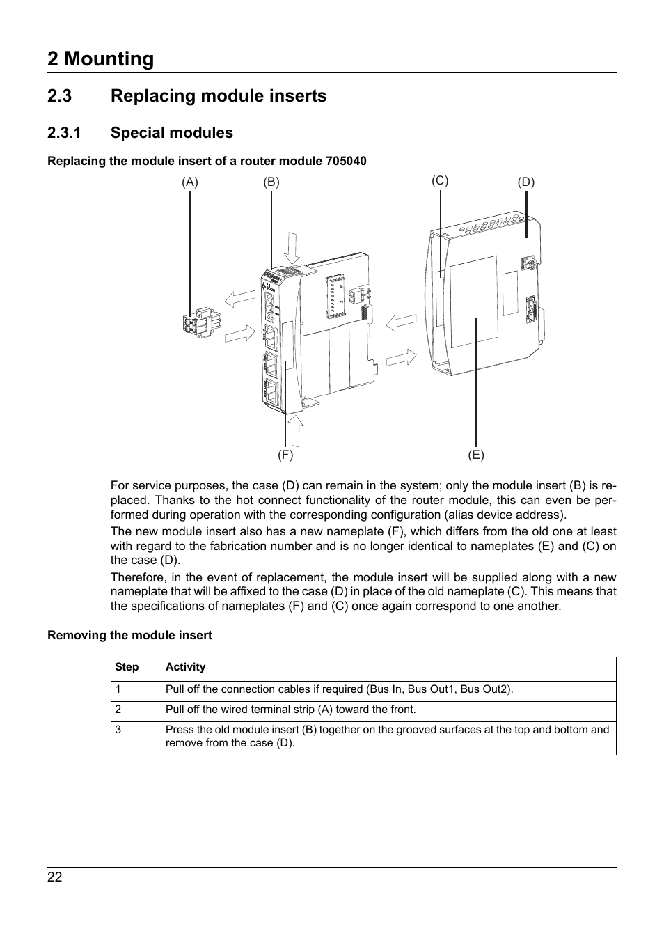 3 replacing module inserts, 1 special modules, Replacing module inserts | 2 mounting | JUMO 705040 mTRON T - Router Module Installation Instructions User Manual | Page 22 / 34