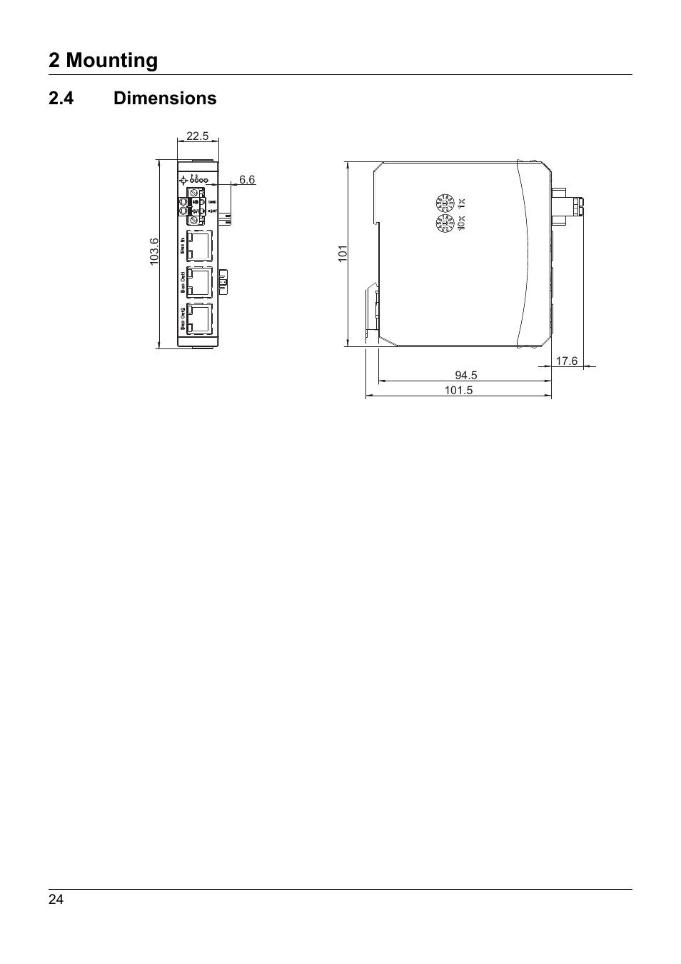 4 dimensions, Dimensions, 2 mounting | JUMO 705040 mTRON T - Router Module Installation Instructions User Manual | Page 24 / 34