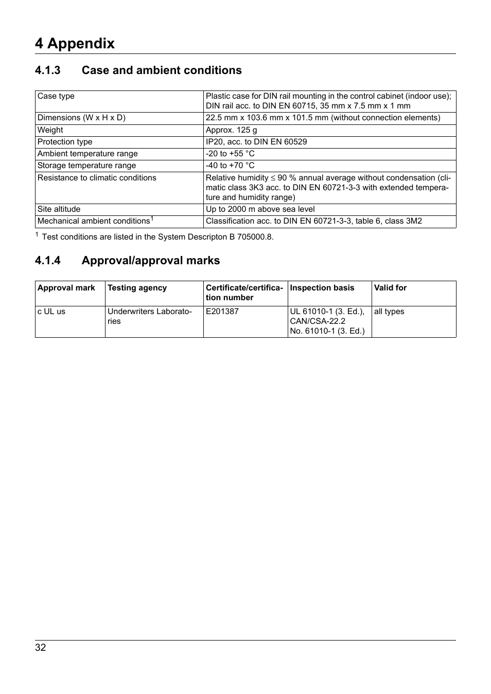 3 case and ambient conditions, 4 approval/approval marks, Approval/approval marks | 4 appendix | JUMO 705040 mTRON T - Router Module Installation Instructions User Manual | Page 32 / 34