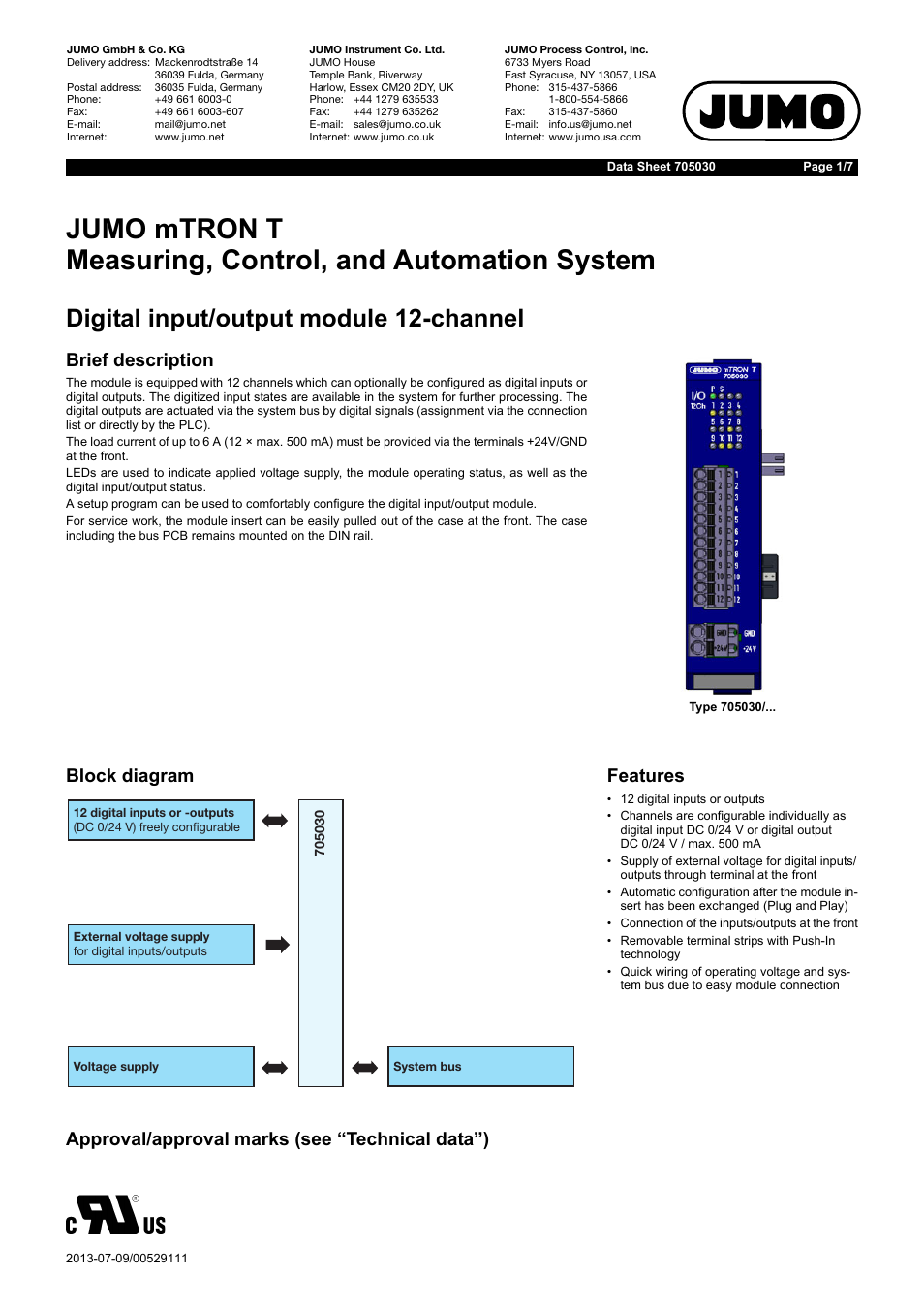 JUMO 705030 mTRON T - Digital Input/Output Module Data Sheet User Manual | 7 pages