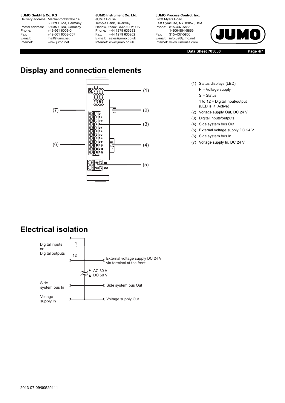 Display and connection elements, Electrical isolation | JUMO 705030 mTRON T - Digital Input/Output Module Data Sheet User Manual | Page 4 / 7