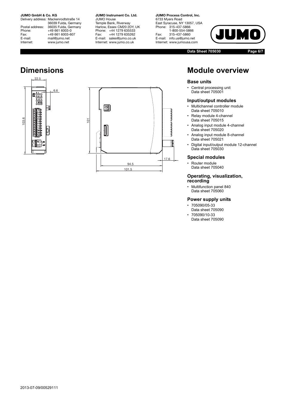 Dimensions, Module overview | JUMO 705030 mTRON T - Digital Input/Output Module Data Sheet User Manual | Page 6 / 7