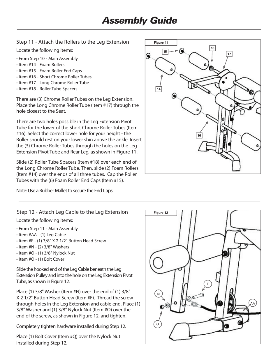 Assembly guide, Step 11 - attach the rollers to the leg extension, Step 12 - attach leg cable to the leg extension | Bowflex Elite™ home gym User Manual | Page 12 / 92