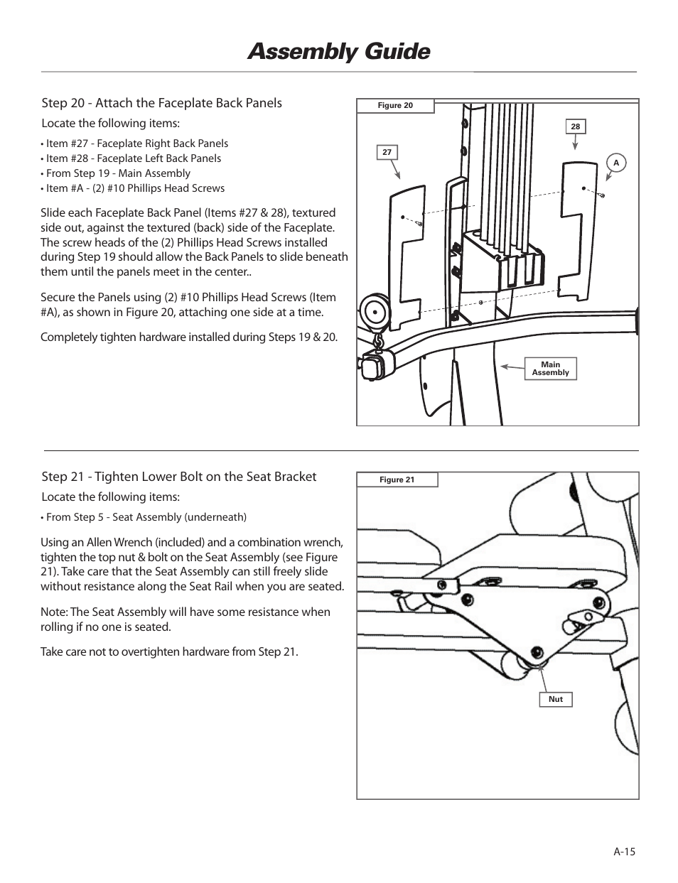 Assembly guide, Step 20 - attach the faceplate back panels, Step 21 - tighten lower bolt on the seat bracket | Bowflex Elite™ home gym User Manual | Page 17 / 92