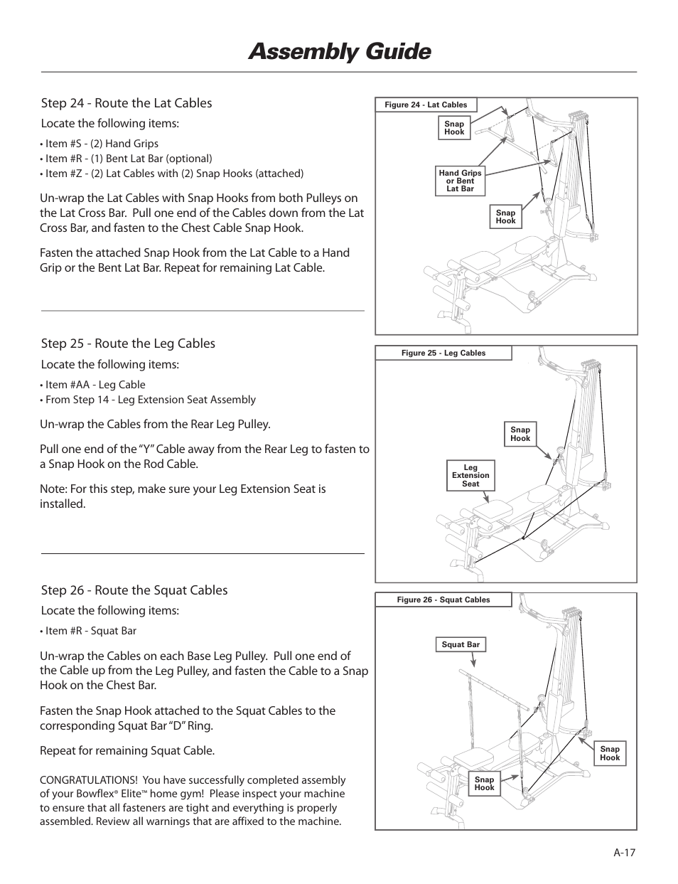 Assembly guide, Step 24 - route the lat cables, Step 25 - route the leg cables | Step 26 - route the squat cables | Bowflex Elite™ home gym User Manual | Page 19 / 92
