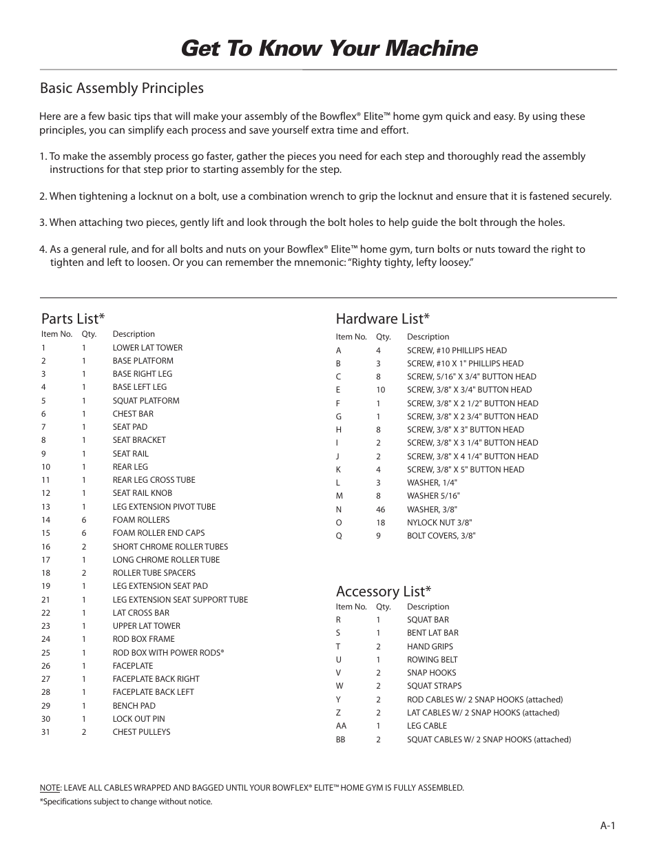 Get to know your machine, Parts list, Hardware list | Accessory list, Basic assembly principles | Bowflex Elite™ home gym User Manual | Page 3 / 92