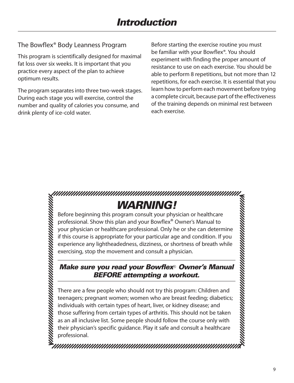 Warning, Introduction | Bowflex Elite™ home gym User Manual | Page 33 / 92