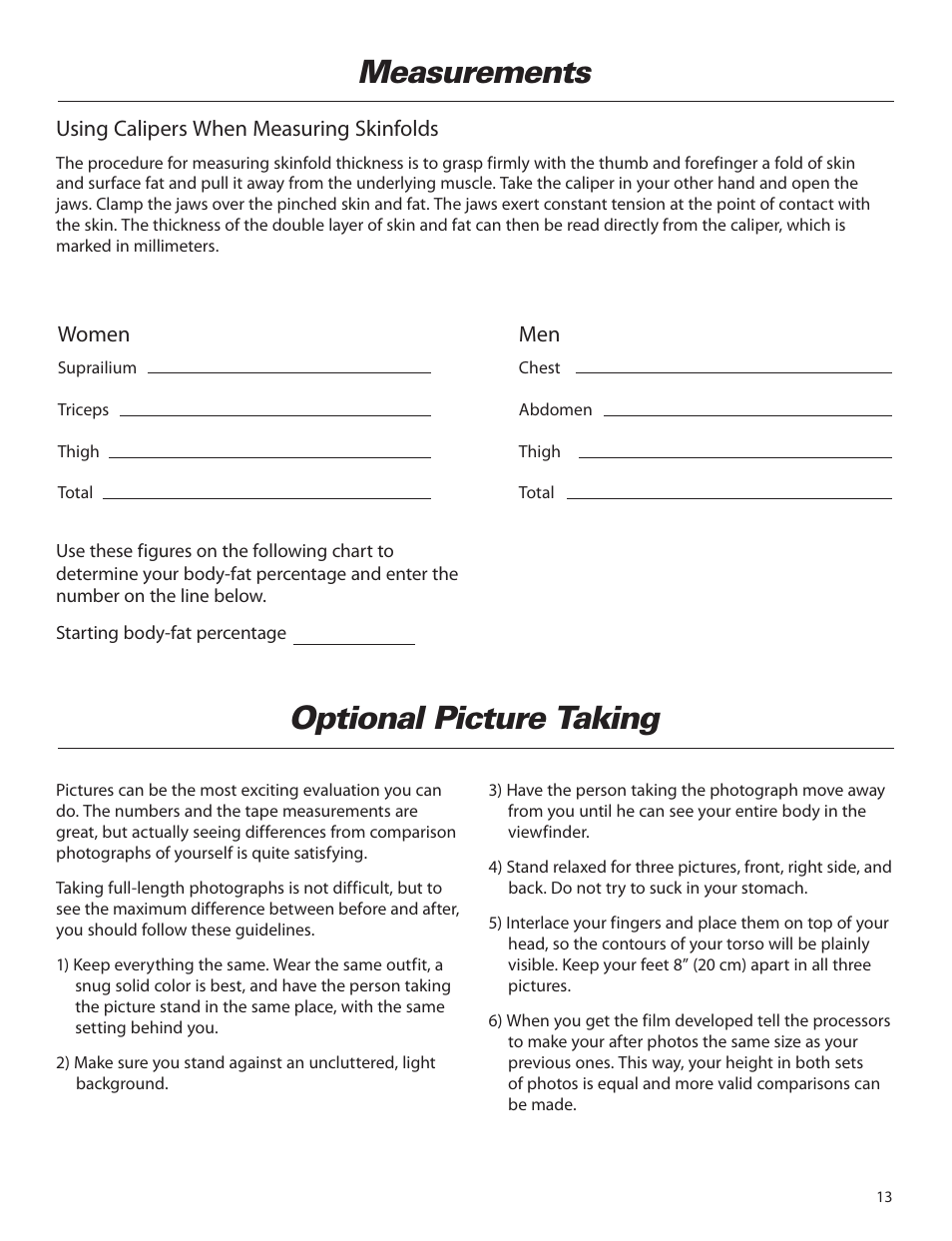 Measurements optional picture taking, Using calipers when measuring skinfolds, Women | Bowflex Elite™ home gym User Manual | Page 37 / 92