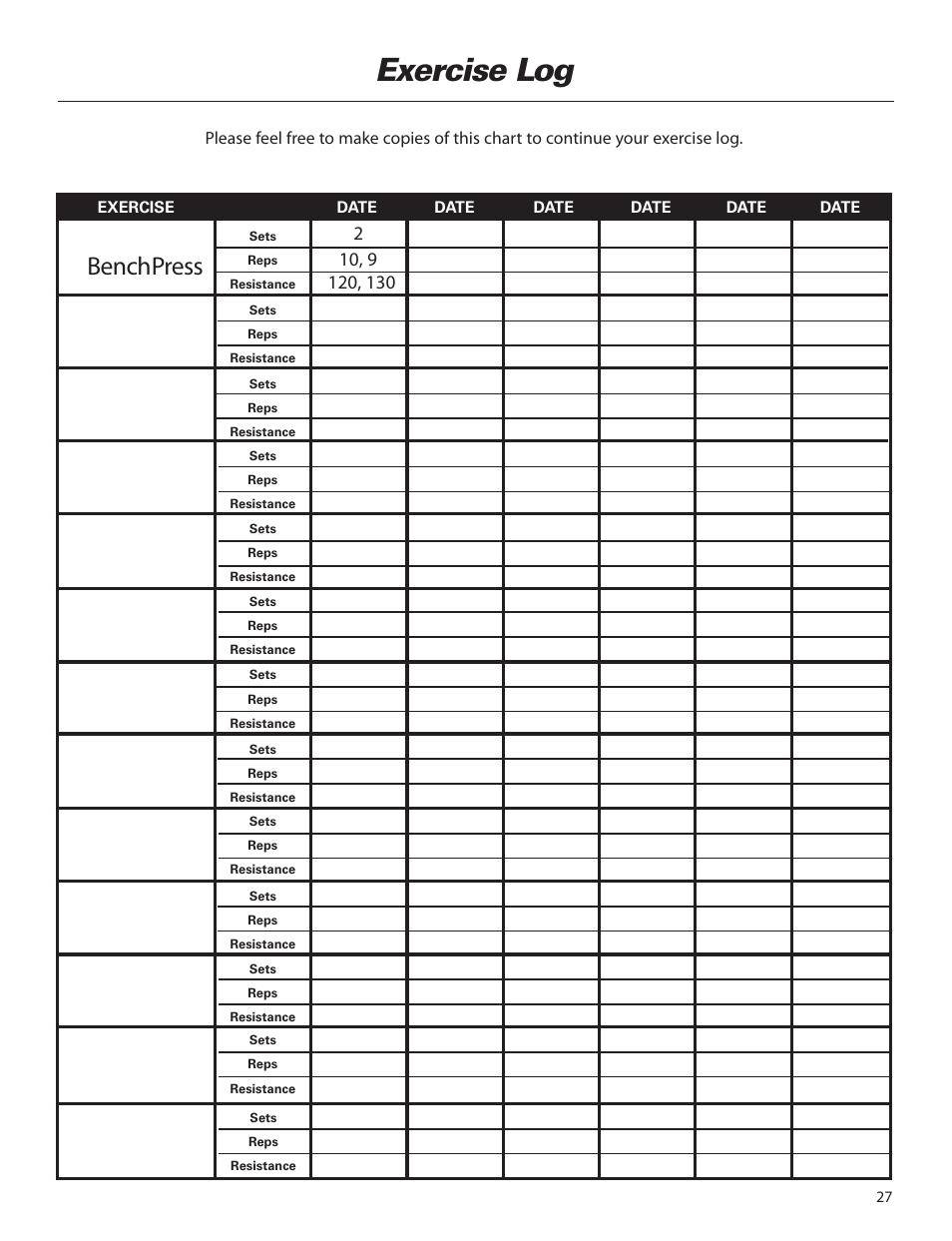 Exercise log, Bench press | Bowflex Elite™ home gym User Manual | Page 51 / 92