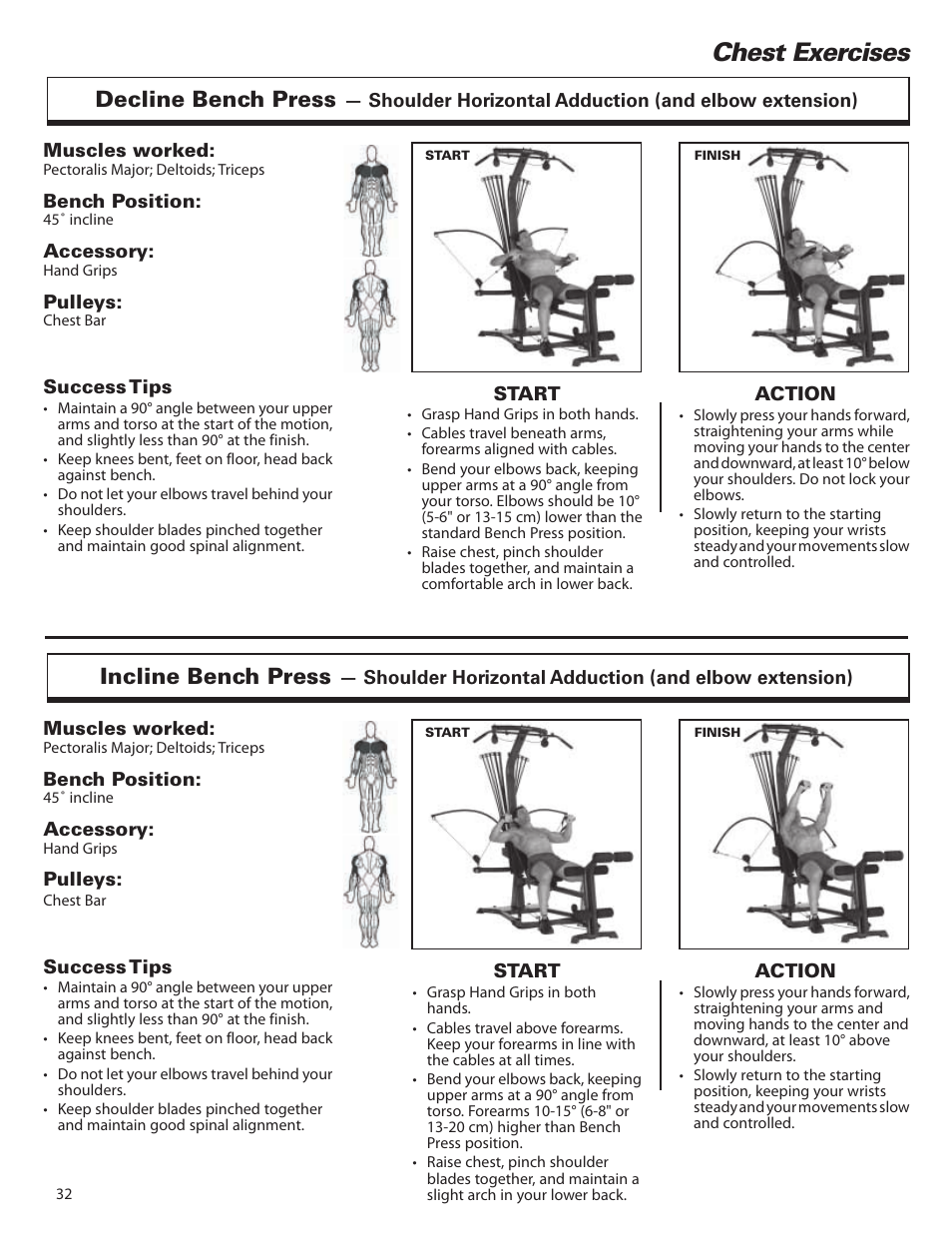 Chest exercises, Decline bench press, Incline bench press | Bowflex Elite™ home gym User Manual | Page 56 / 92