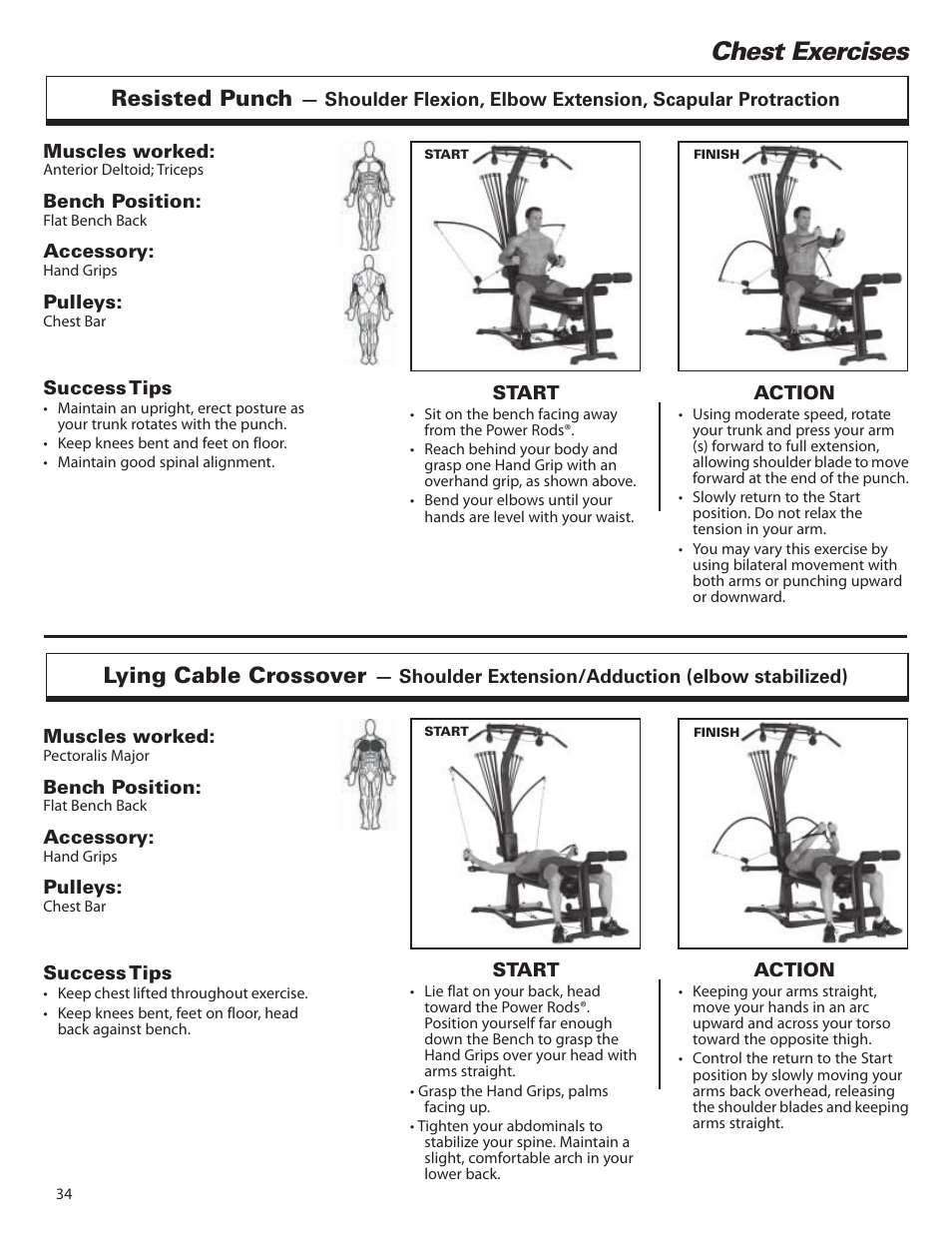 Chest exercises, Resisted punch, Lying cable crossover | Bowflex Elite™ home gym User Manual | Page 58 / 92