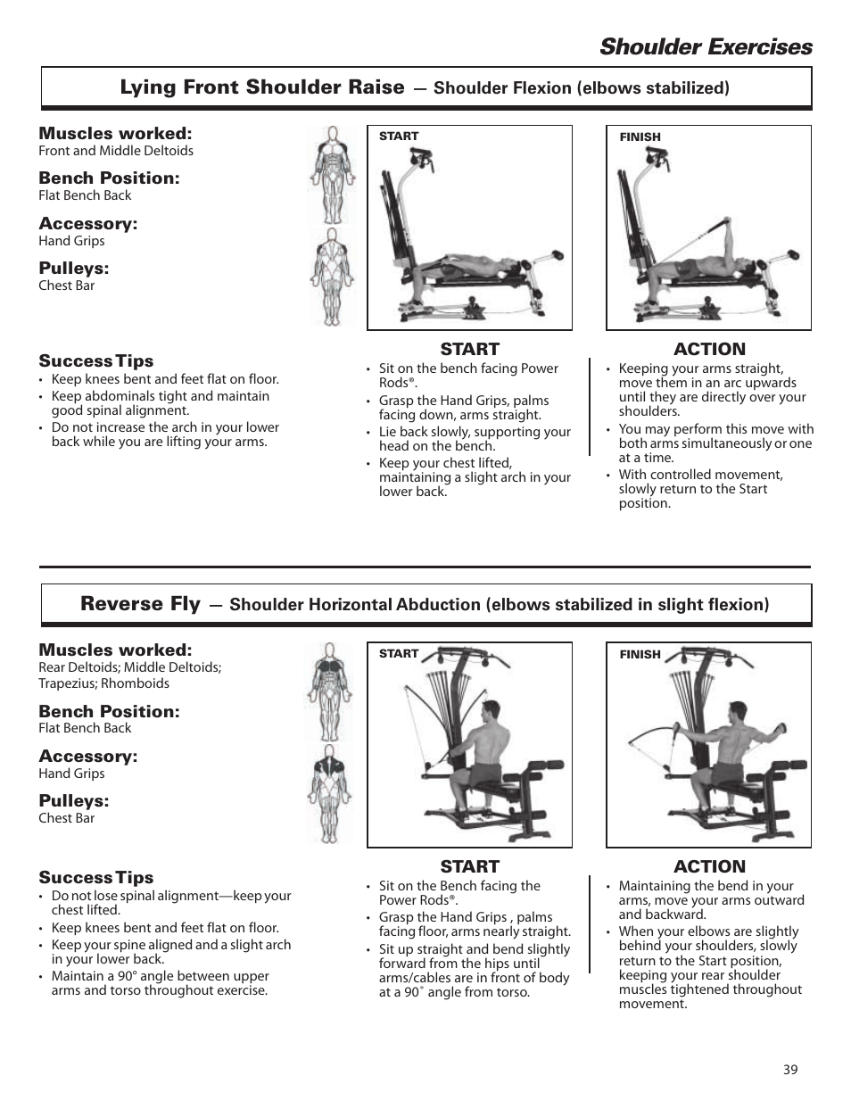 Shoulder exercises, Lying front shoulder raise, Reverse fly | Bowflex Elite™ home gym User Manual | Page 63 / 92