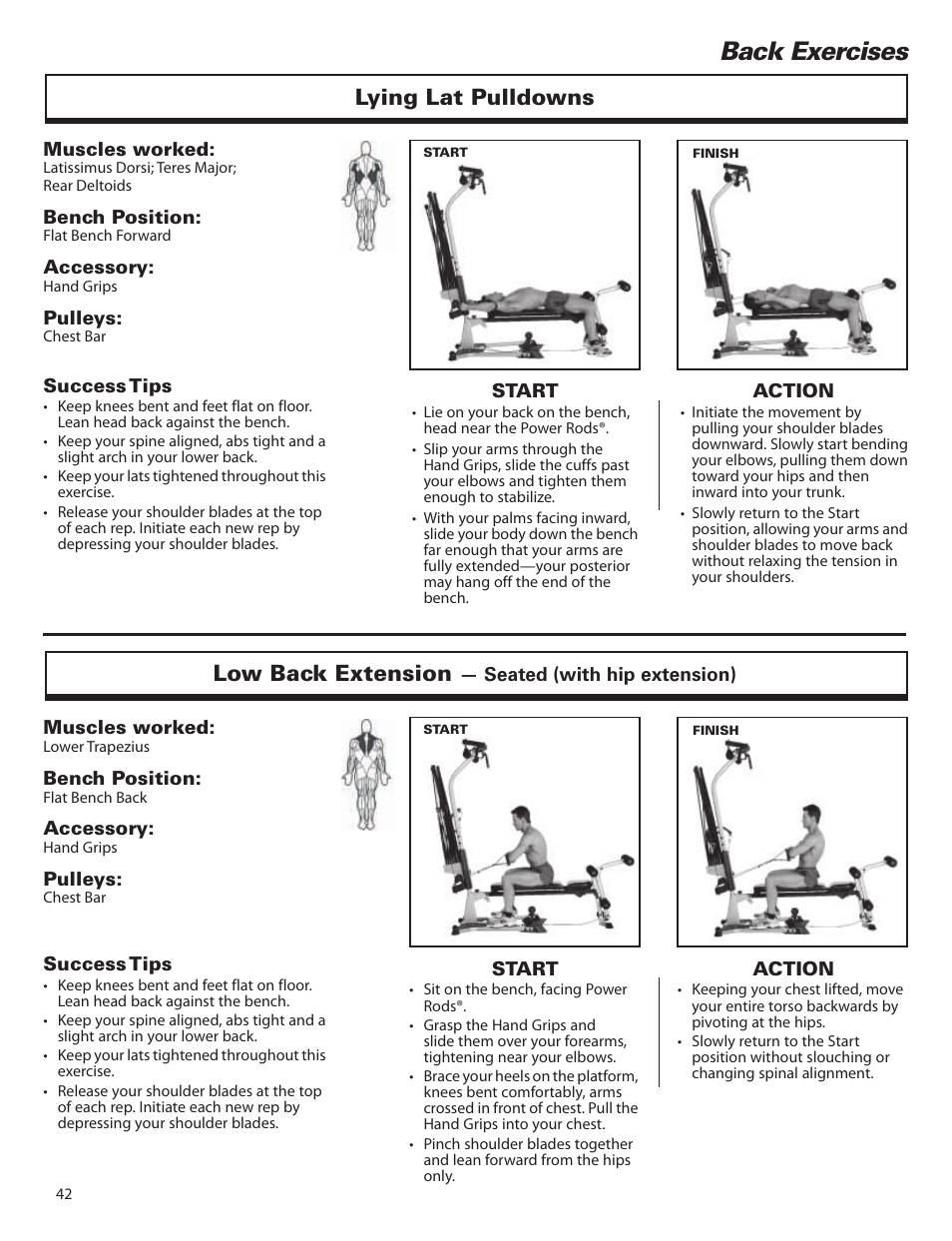 Back exercises, Lying lat pulldowns low back extension | Bowflex Elite™ home gym User Manual | Page 66 / 92