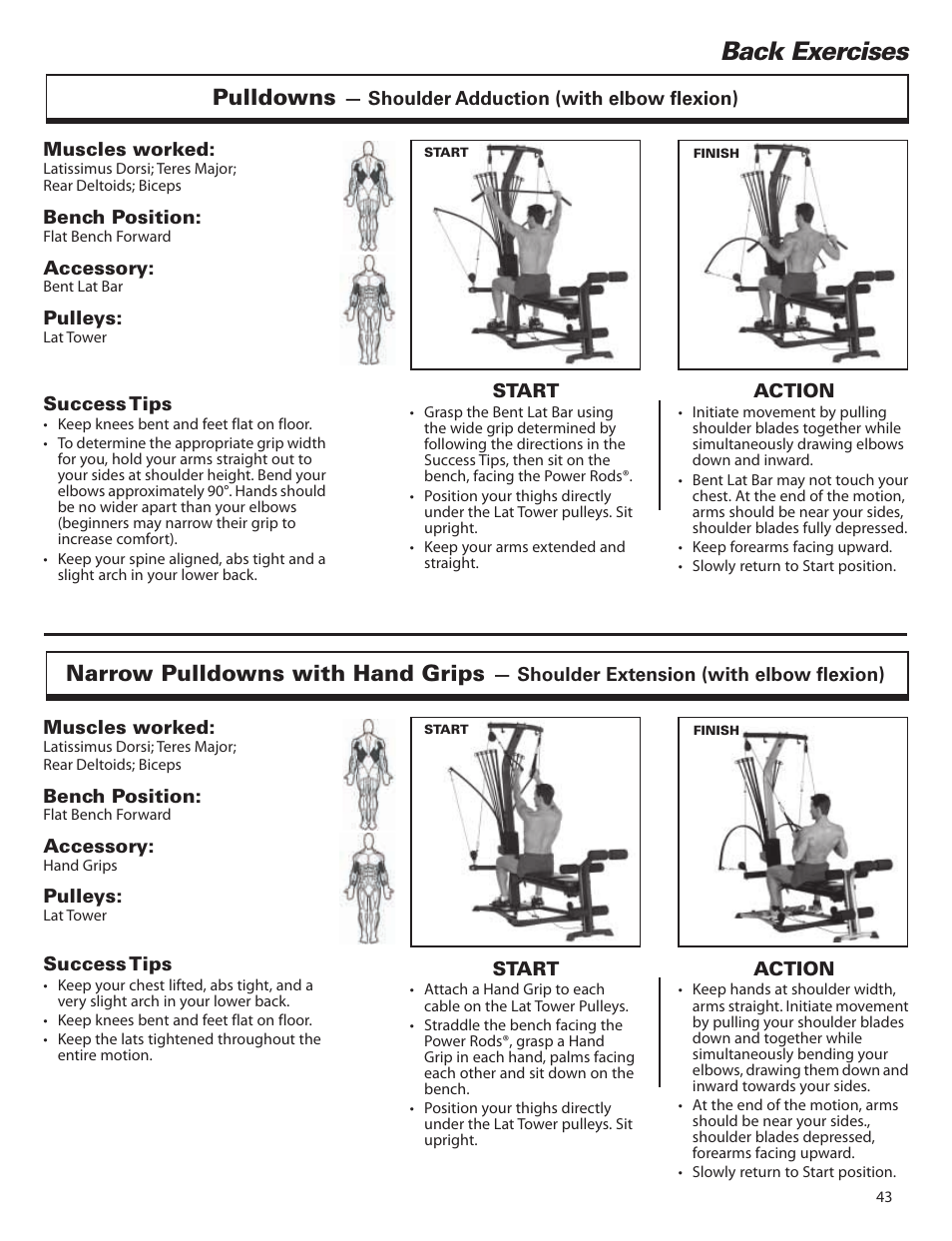 Back exercises, Pulldowns, Narrow pulldowns with hand grips | Bowflex Elite™ home gym User Manual | Page 67 / 92
